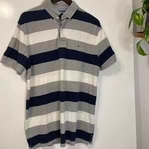 Tommy Hilfiger Blue white Gray Men's Large Polo Color Block Y2K Street Urban